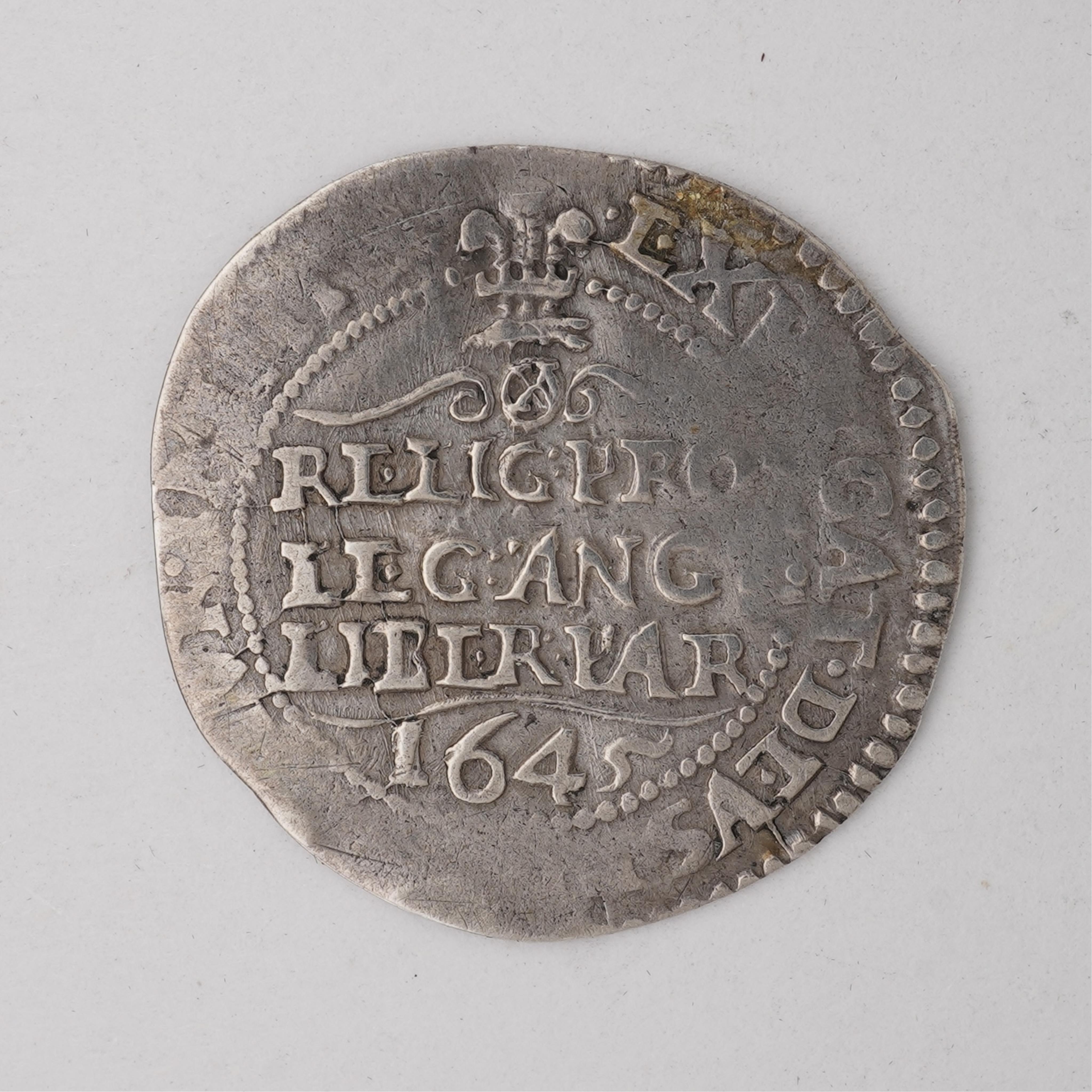 British hammered coins, Charles I, silver groat, 1645, Oxford mint, no mm., Rawlins’ large bust to edge, areas of weakness otherwise fine, ex. Coincraft